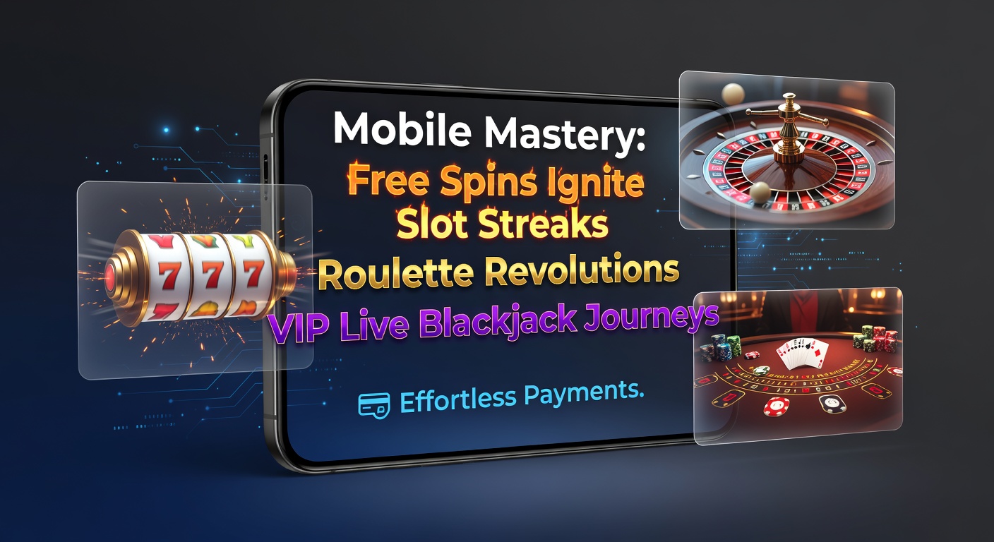 Smartphone mit Slot-Spiel und Free-Spins-Symbolen im Vordergrund, umgeben von Roulette-Rad und Blackjack-Tisch